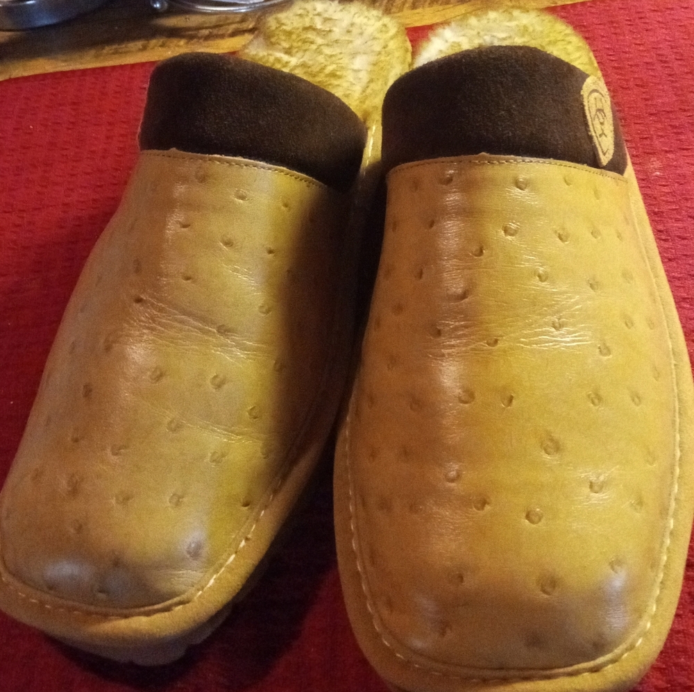 Ariat Tan and Brown Ostrich Print Leather Slides